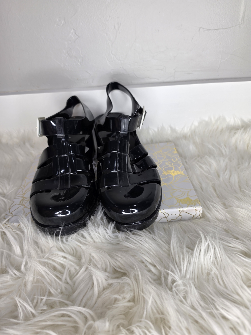 Black Patent Jelly Sandals - Women